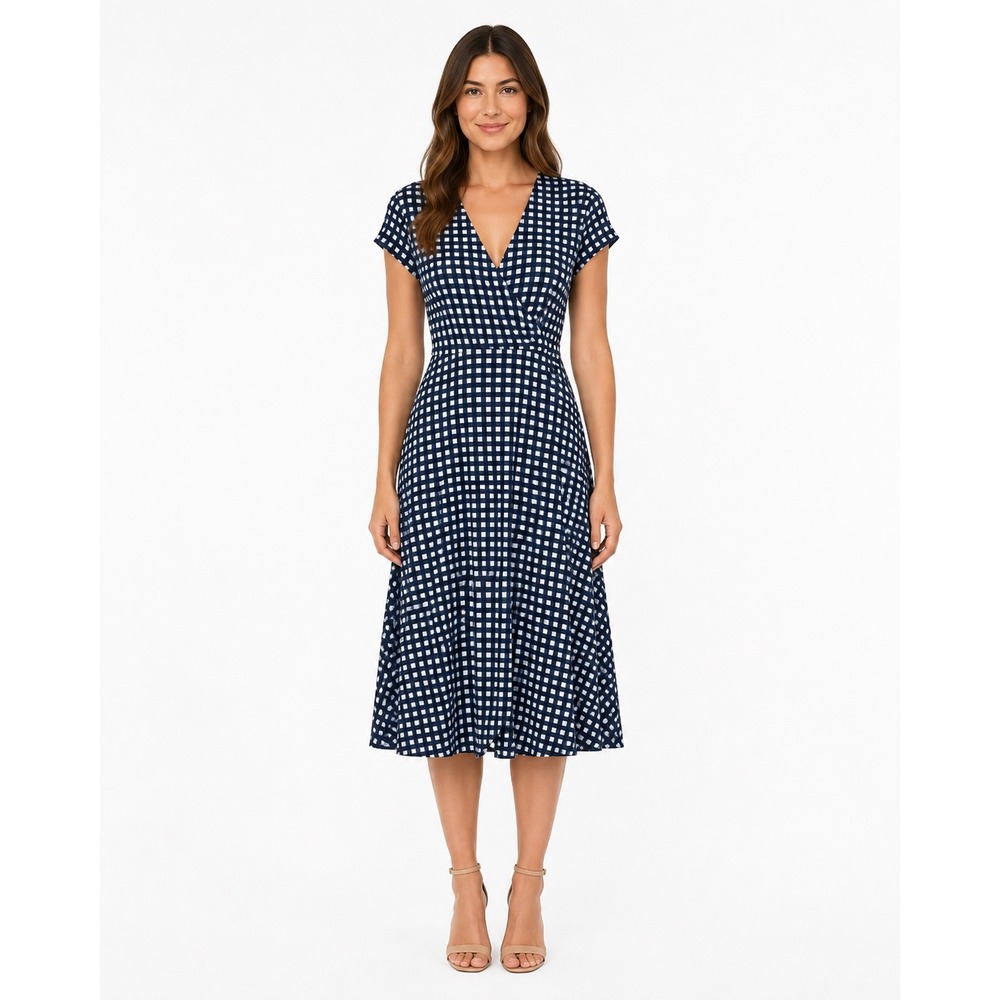 Leota Wrap Dress Womens M Blue White Check V Neck Midi Stretch Workwear